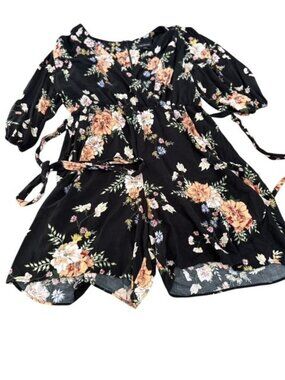 Lane Bryant Deep V Neck Long Sleeve Black Floral Romper Shorts Plus Size 18 Flow